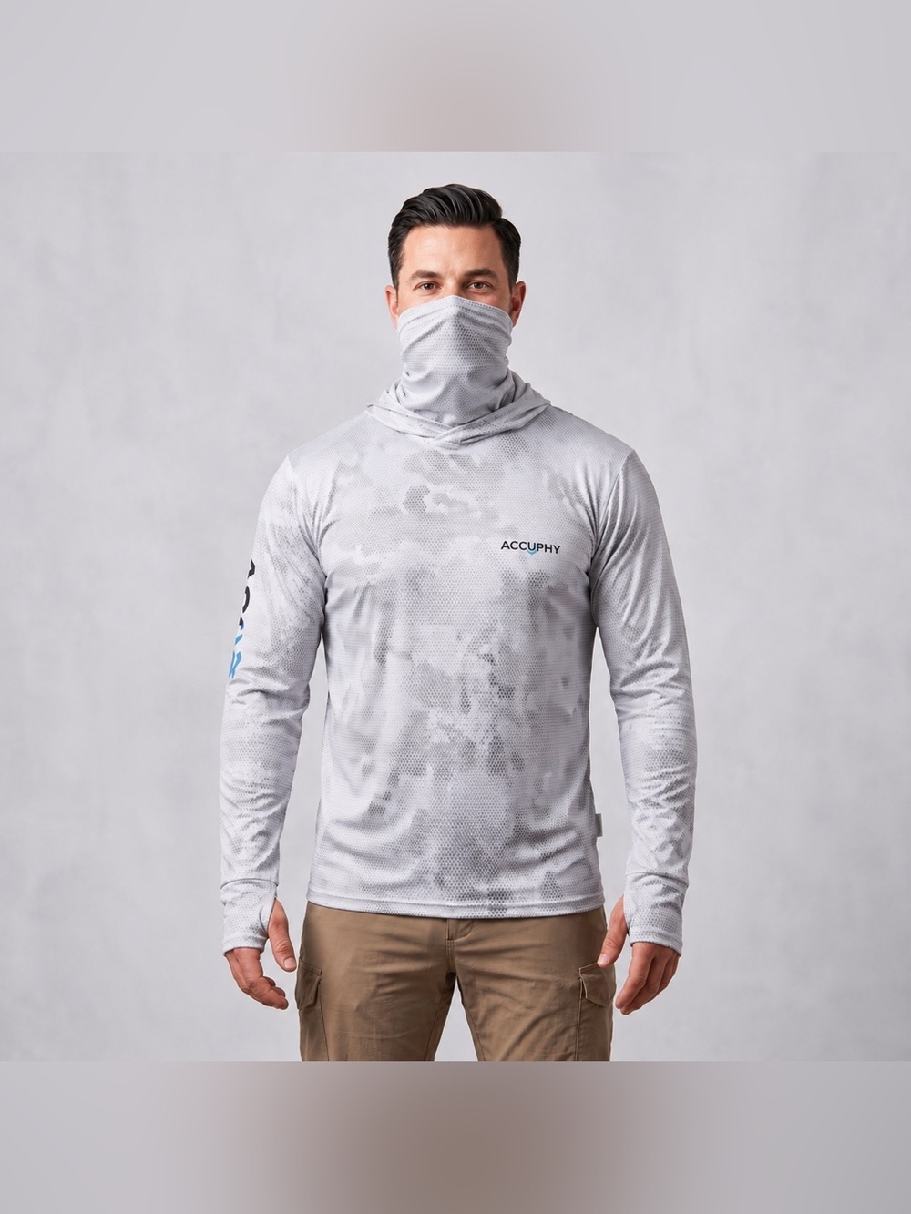 Accuphy Grey Digital Camo Hooded Sun Shirt UV Protection Long Sleeve Mens Size L